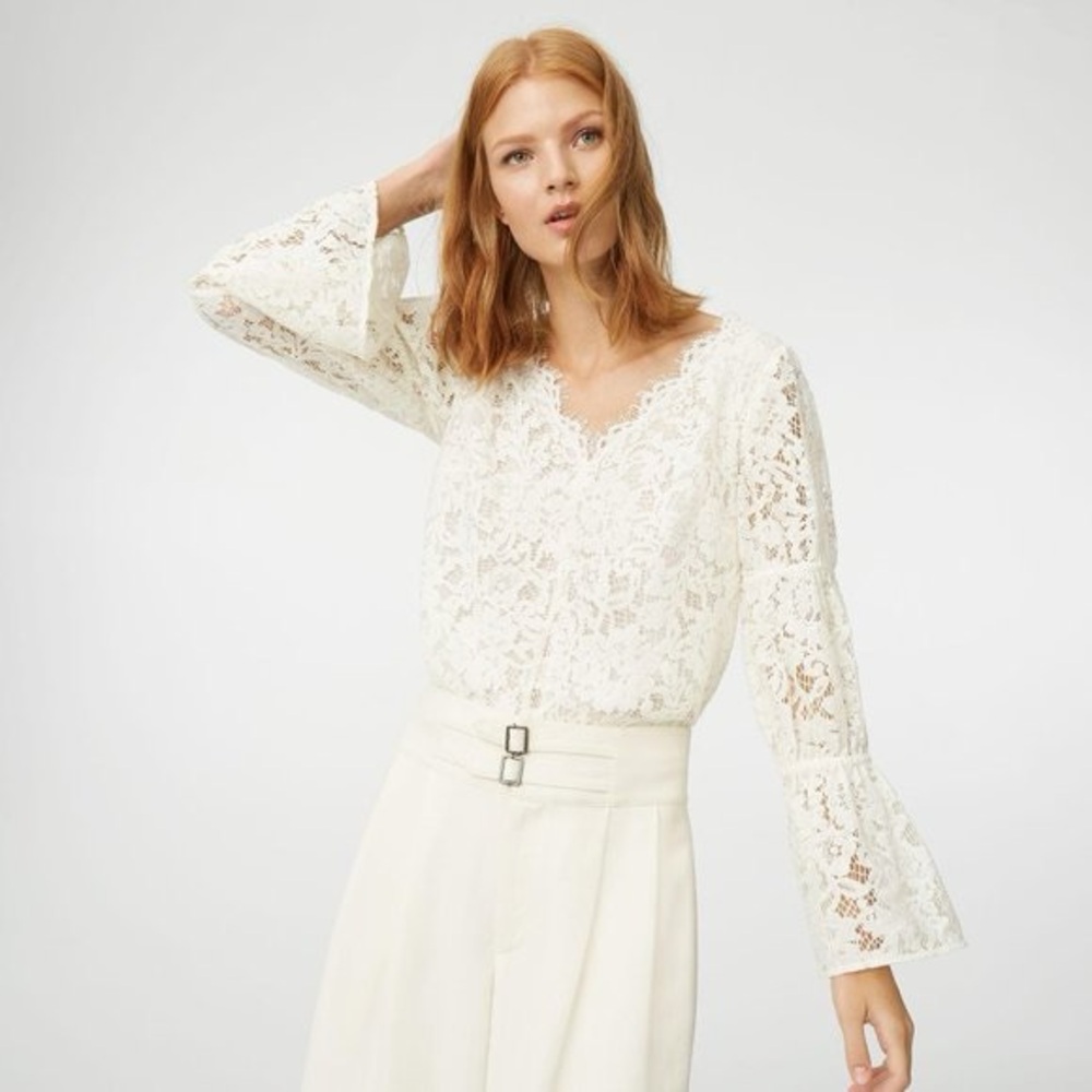 Club Monaco Cream Lace V-Neck Bell Sleeve Blouse